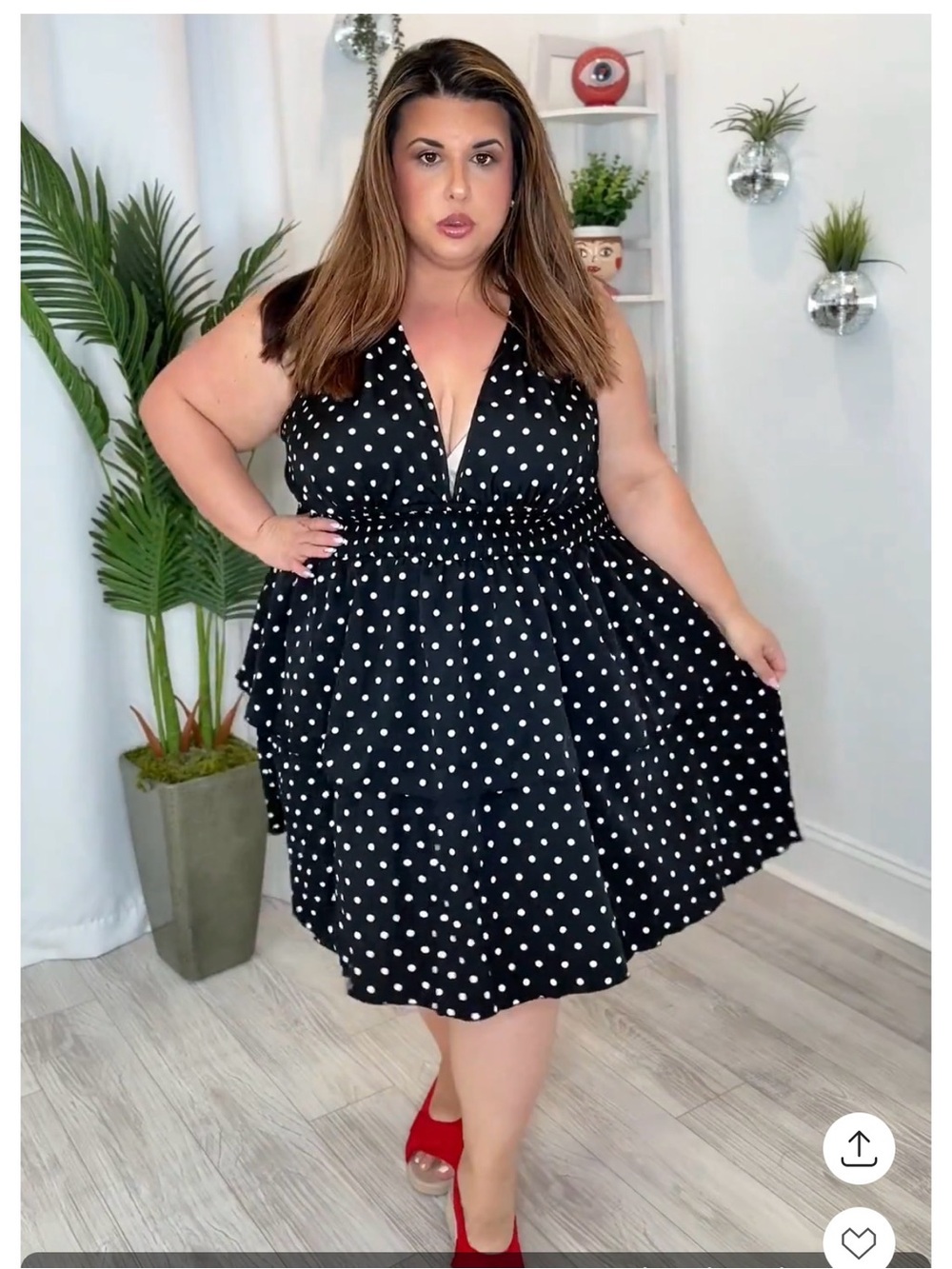 Plus Size Black Polka Dot Halter Neck Swing Dress